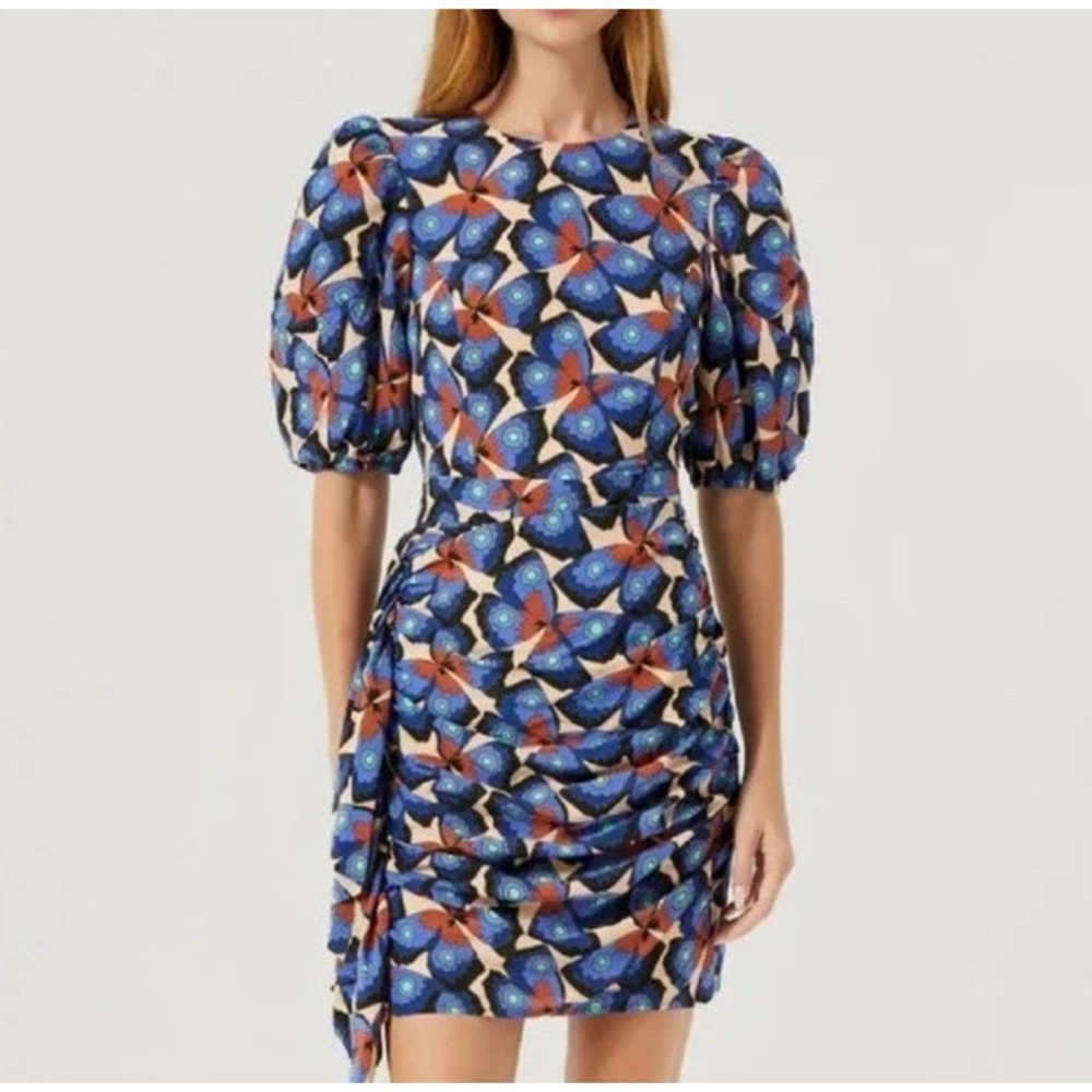 Rhode Pia Dress Butterfly Print Women's 4 Puff Sleeve Ruched Drape Mini Dress